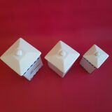 Set de 3 anciens pots à épices bocaux alimentaires vintage blanc bleu Farine Sucre Sel