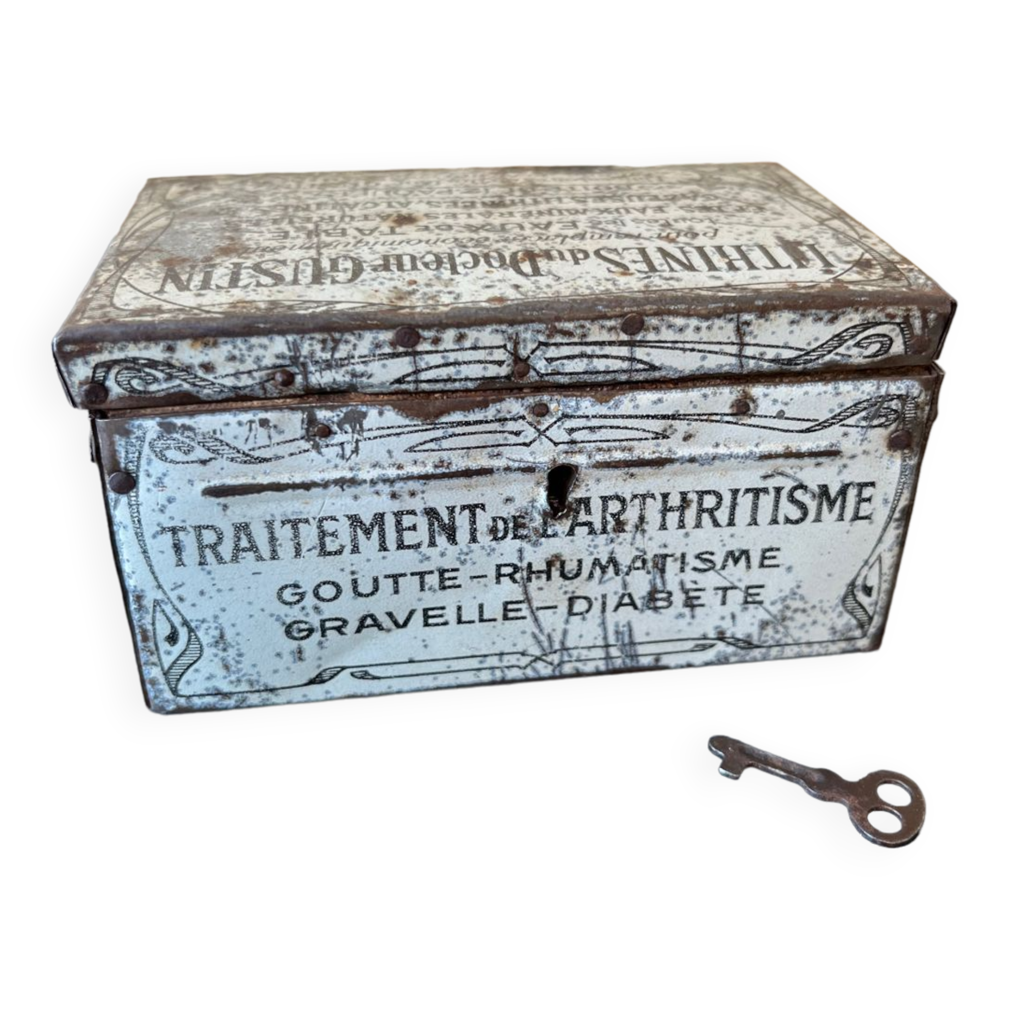 Old metal and wood medicine box with key