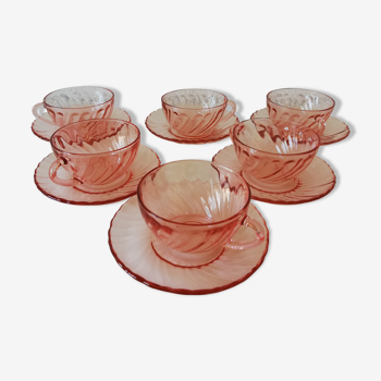 Set de 6 tasses à café avec dessous de tasse fumé rose vintage 70