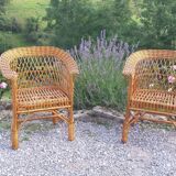 Wicker or rattan armchairs