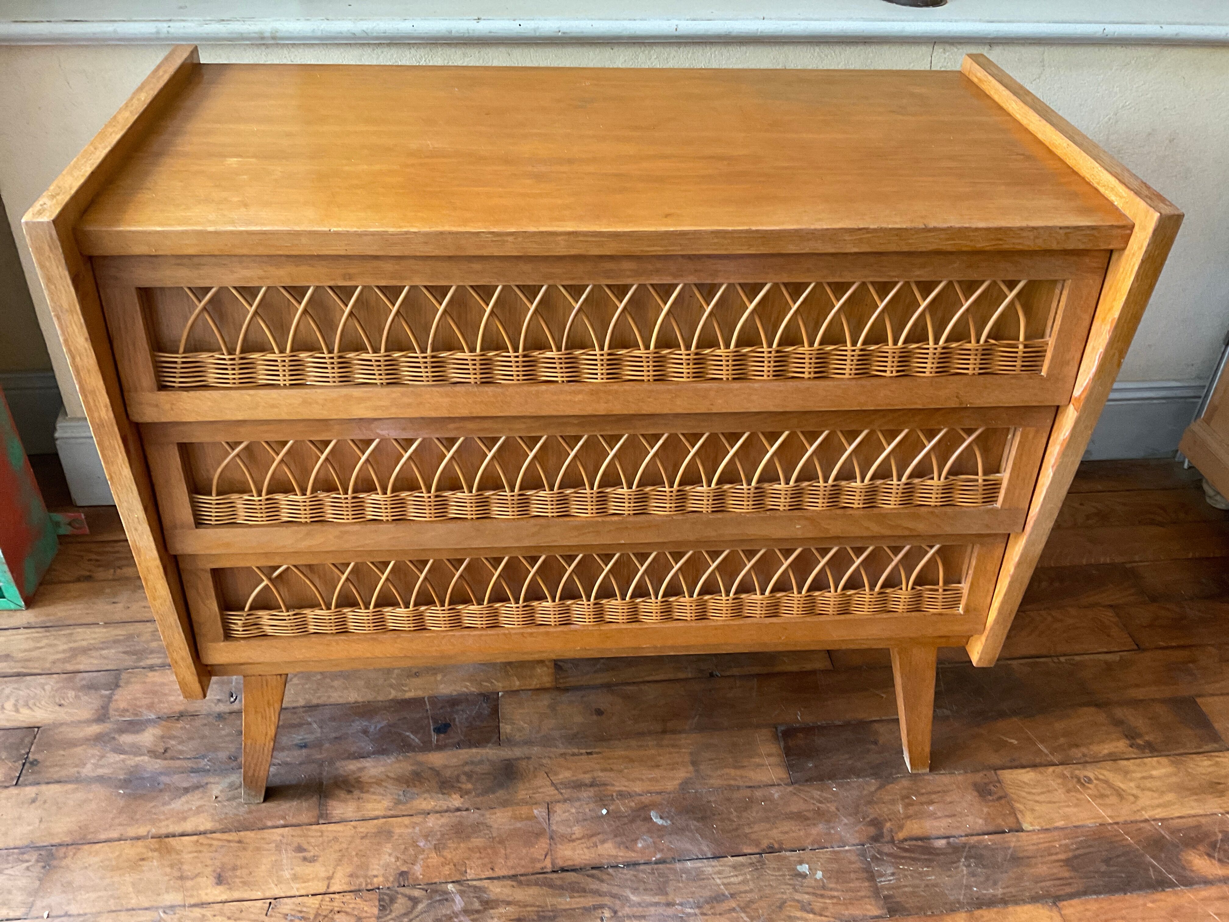 Vintage chest of drawers wood and rattan 1950