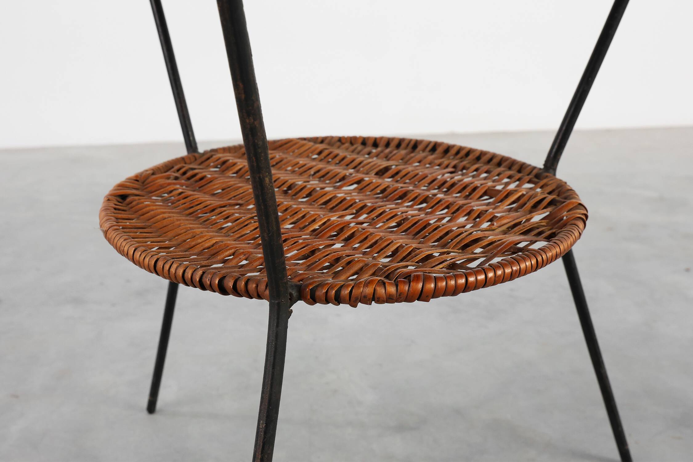 Mid-Century Woven Rattan, Wicker and Iron 2-Tier Round Coffee Table, Italy