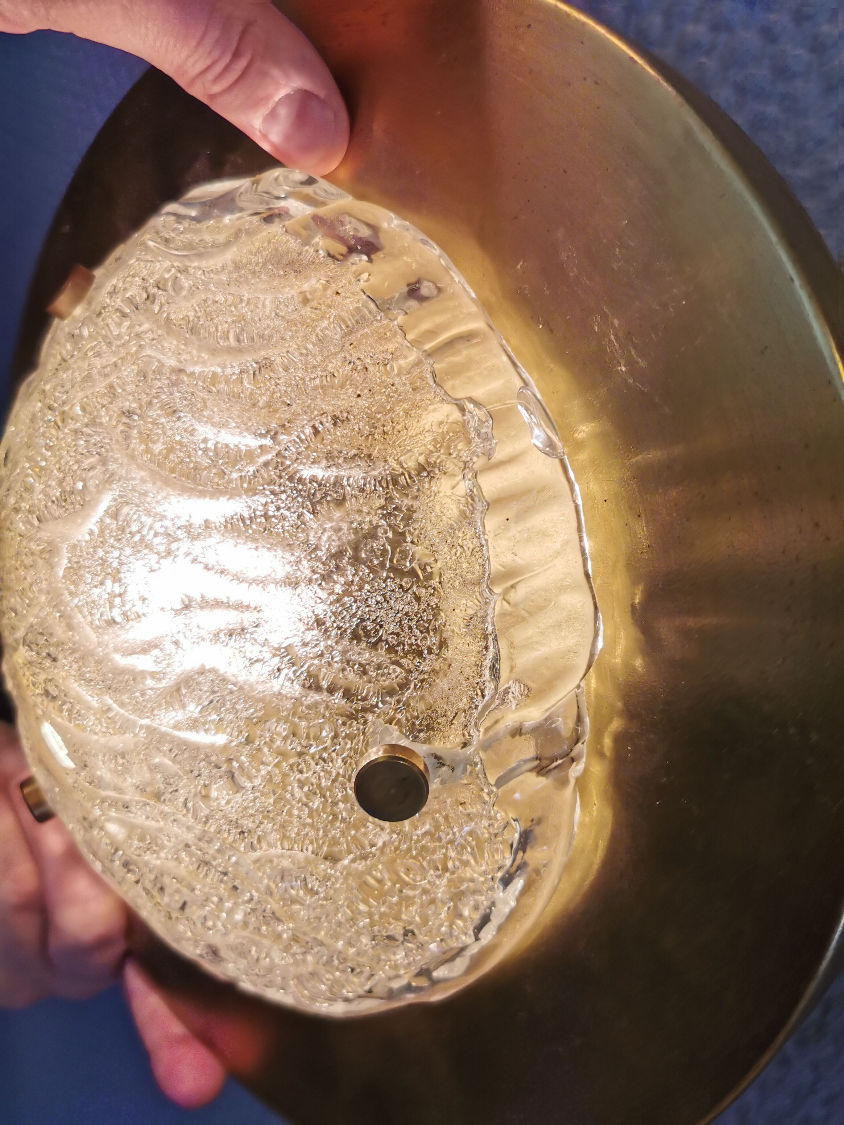 Wall/ceiling lamp, made in brass and white lacquered metal with frosted solid glass shade