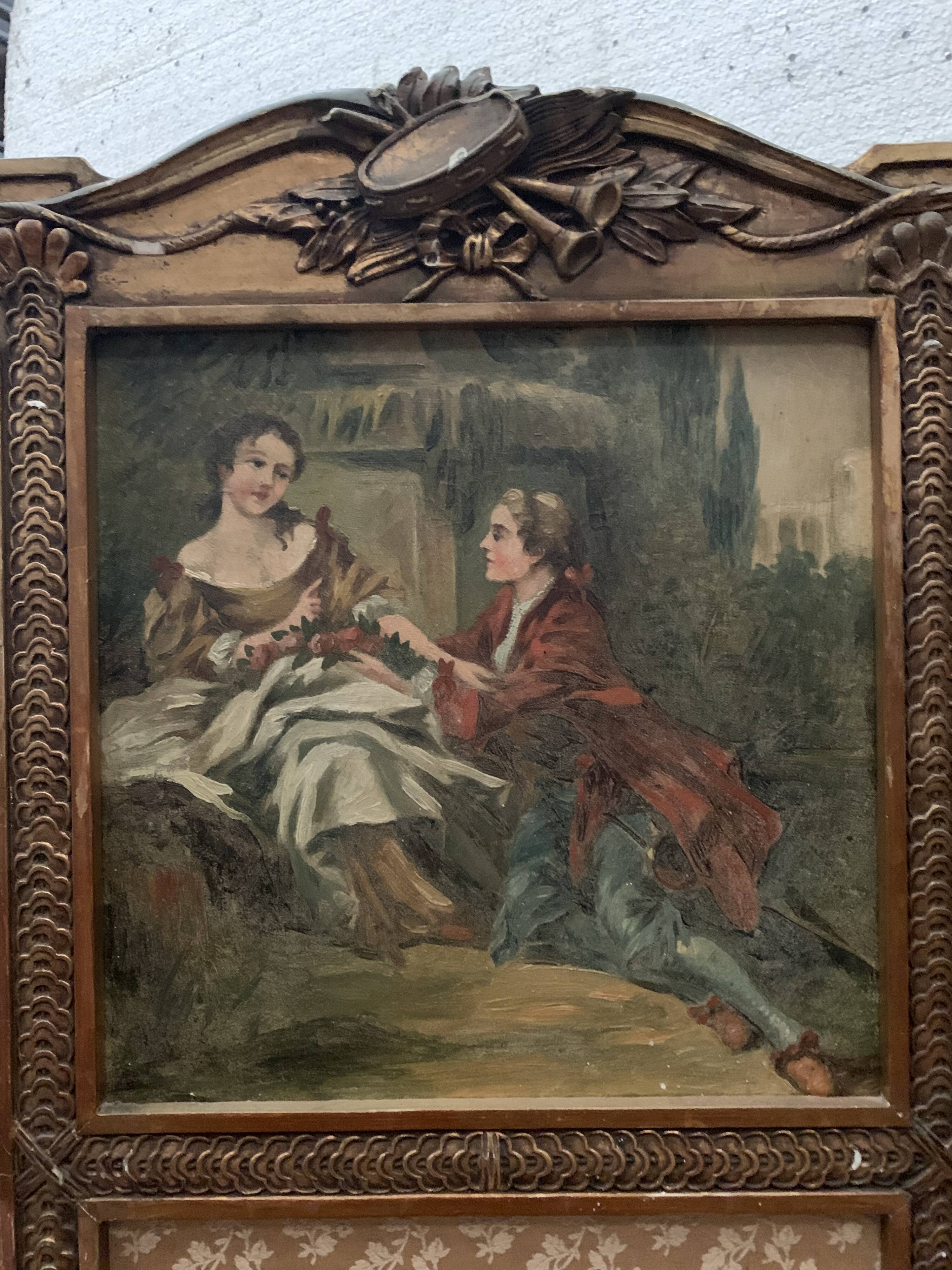 Paravent a trois panneaux de style Louis XVI en bois et stuc doré XX siècle
