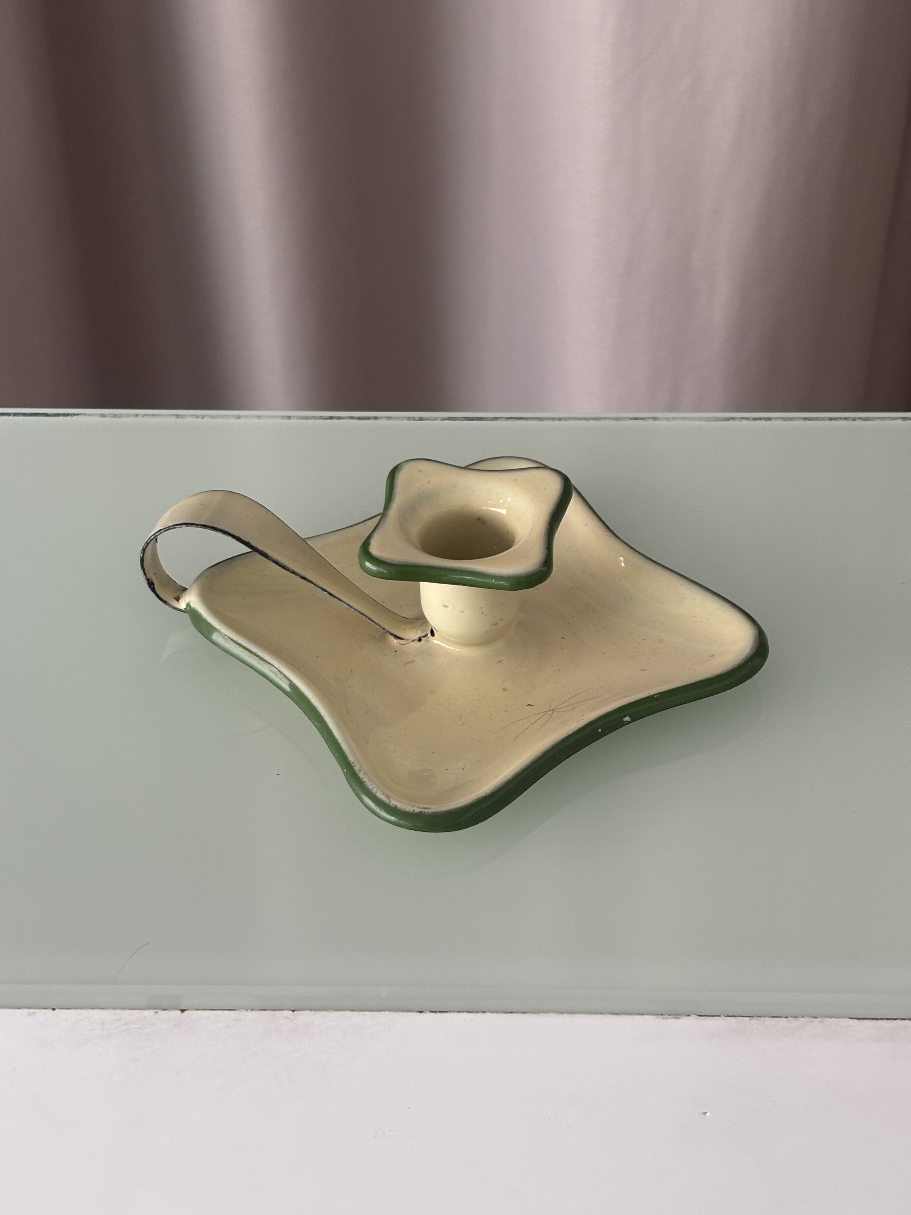 Vintage Belgian Enamel Chamberstick Candle Holder – Cream & Green
