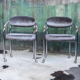 Postmodern chrome armchair grey velvet, casters