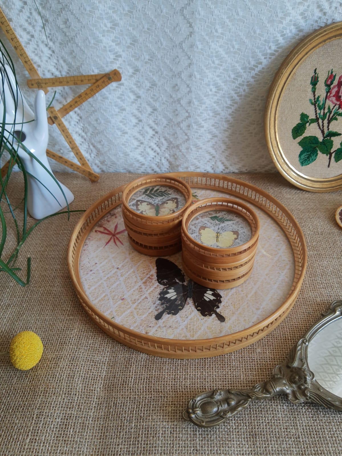 Set tray and 6 under glass bamboo vintage butterflies