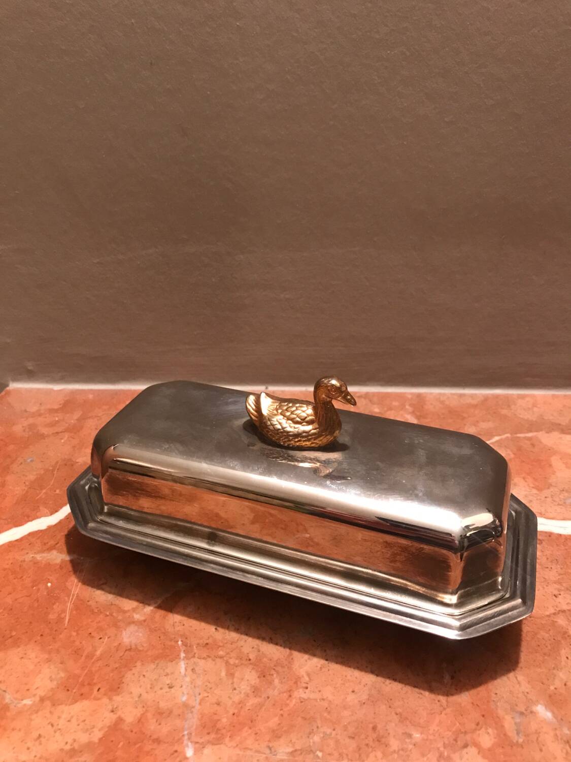 Old silver metal butter dish, duck
