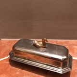 Old silver metal butter dish, duck