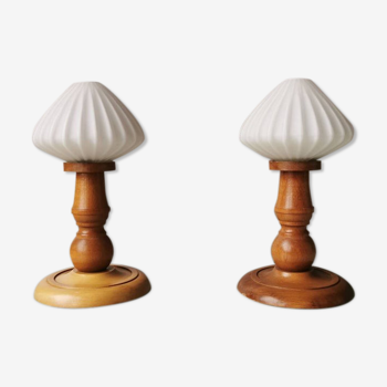 Set de 2 lampes de table vintage en bois 70s