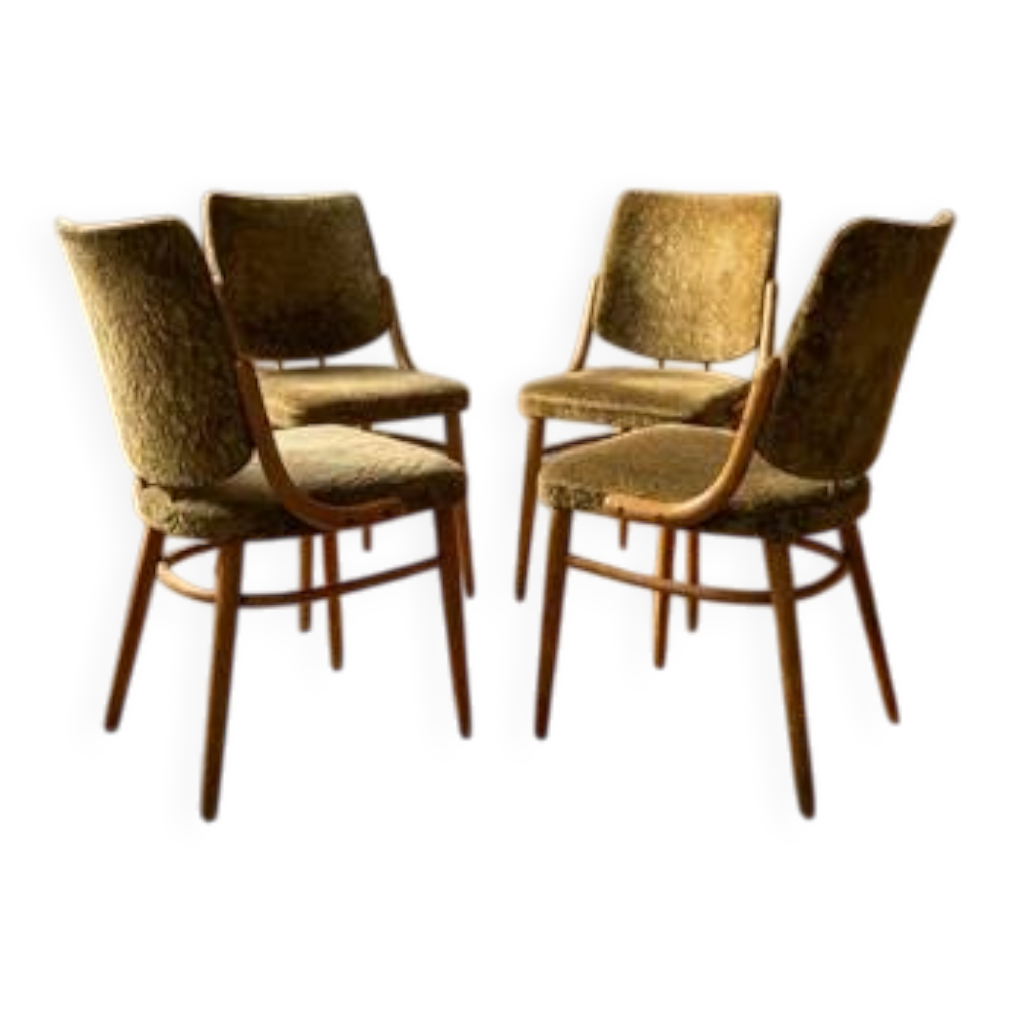 Bentwood dining chairs set of 4, retro beech wood & olive velour, TON 1960s–1970s, Czechoslovakia
