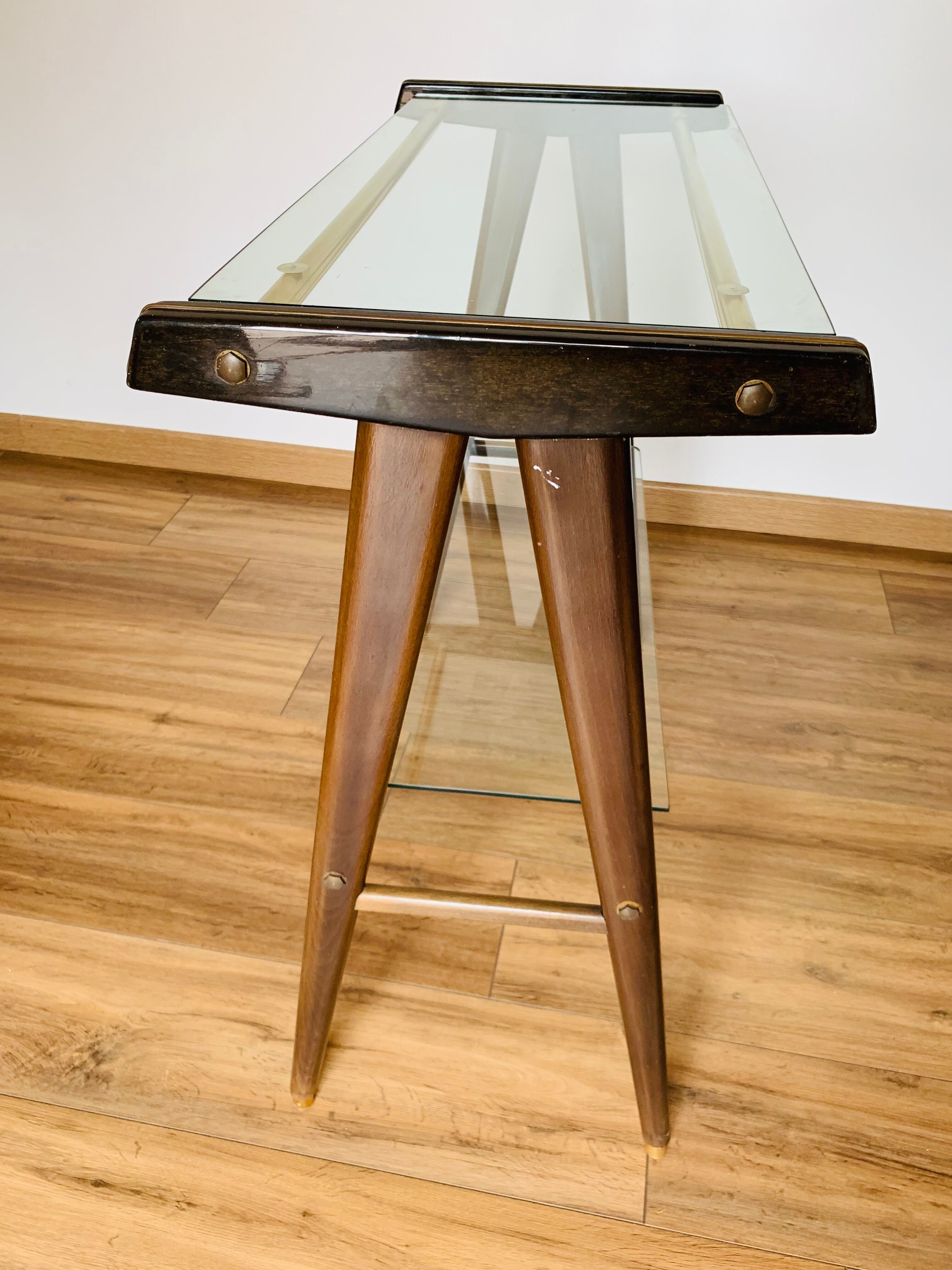 Vintage console in wood, glass and gold metal