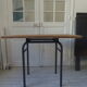 Table, tubular pedestal metal gray slate, oak tray marked