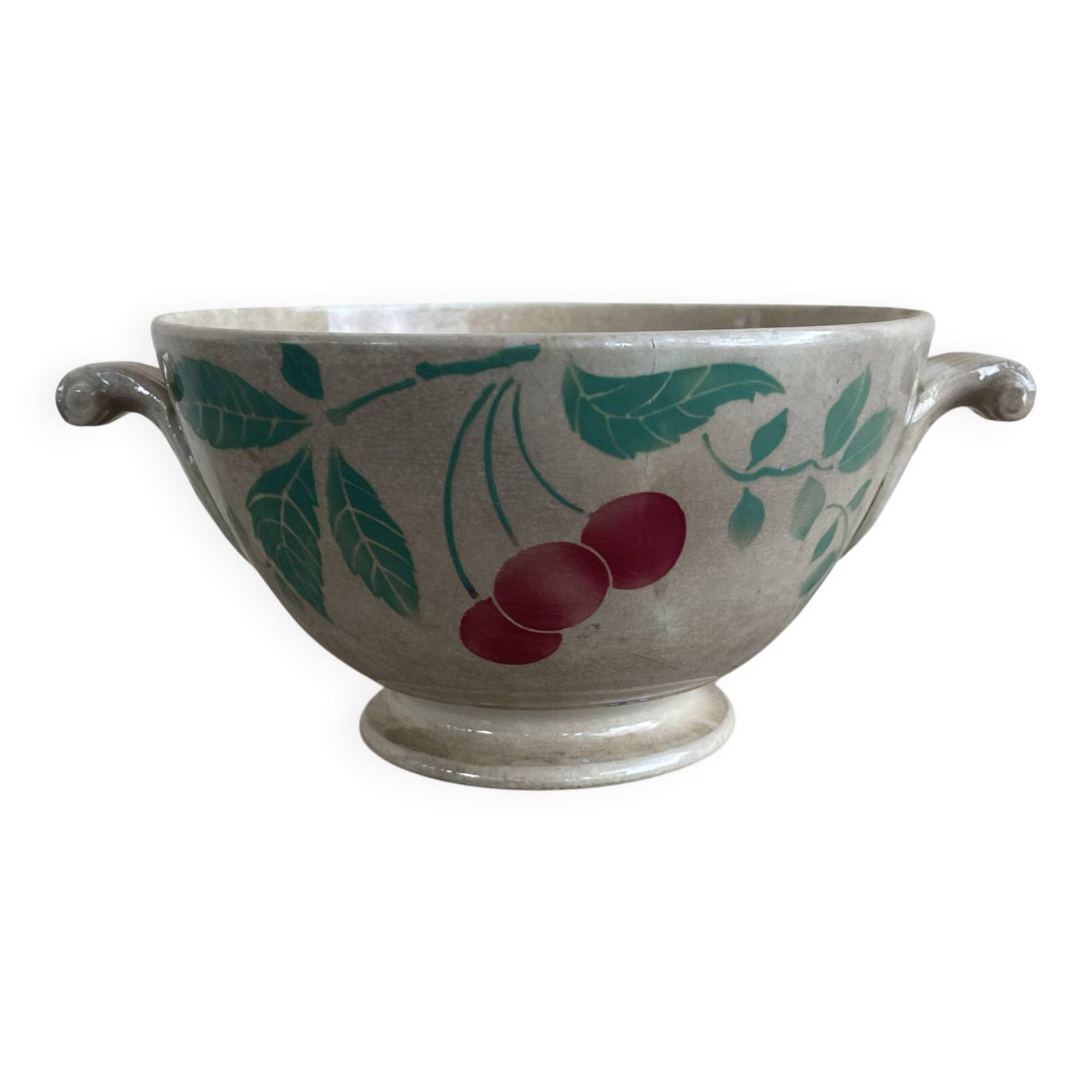 Earthenware bowl, café au lait bowl, antique, France, cherries.