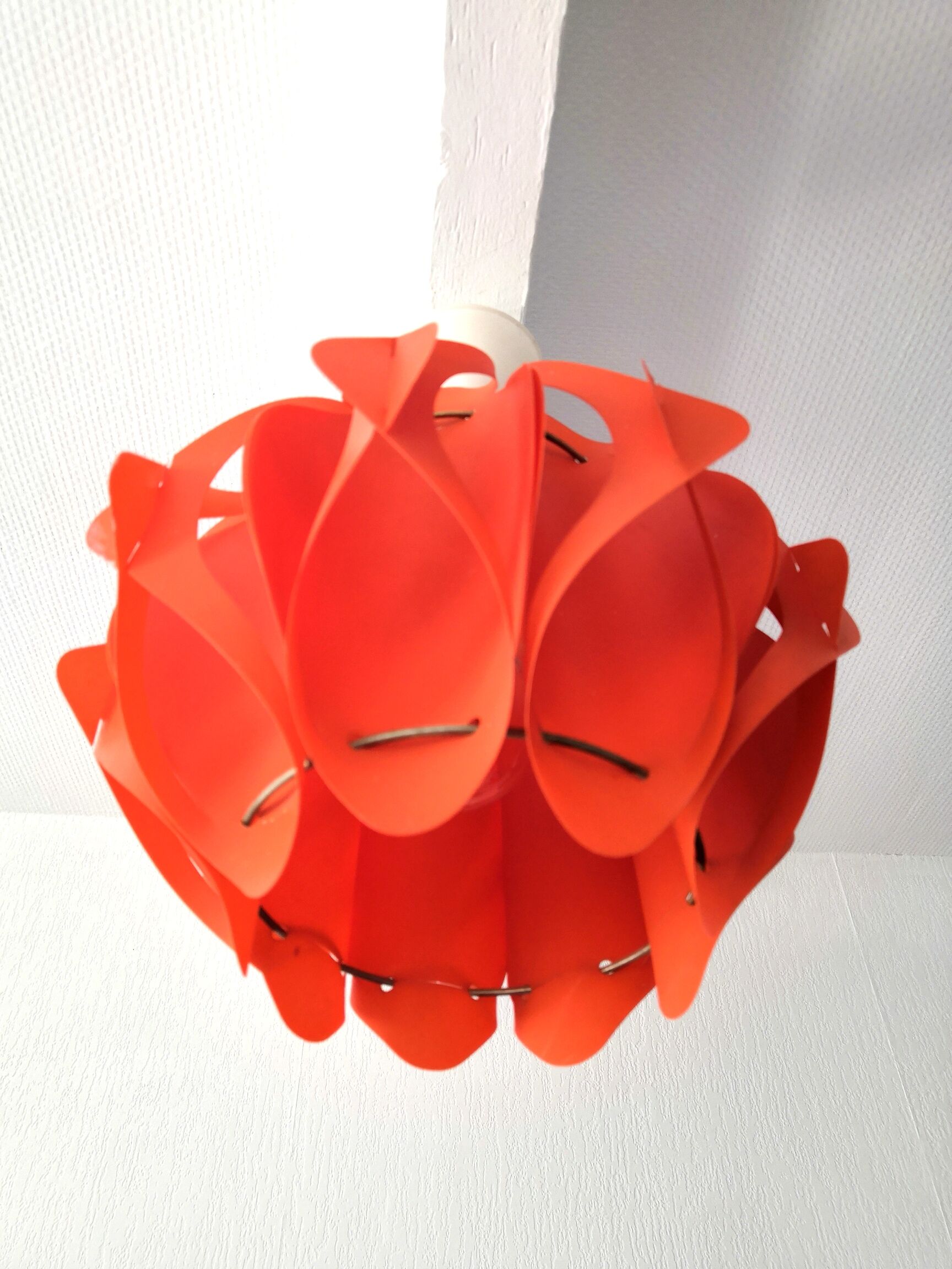 Orange pendant lamp in pleated plastic design 70s