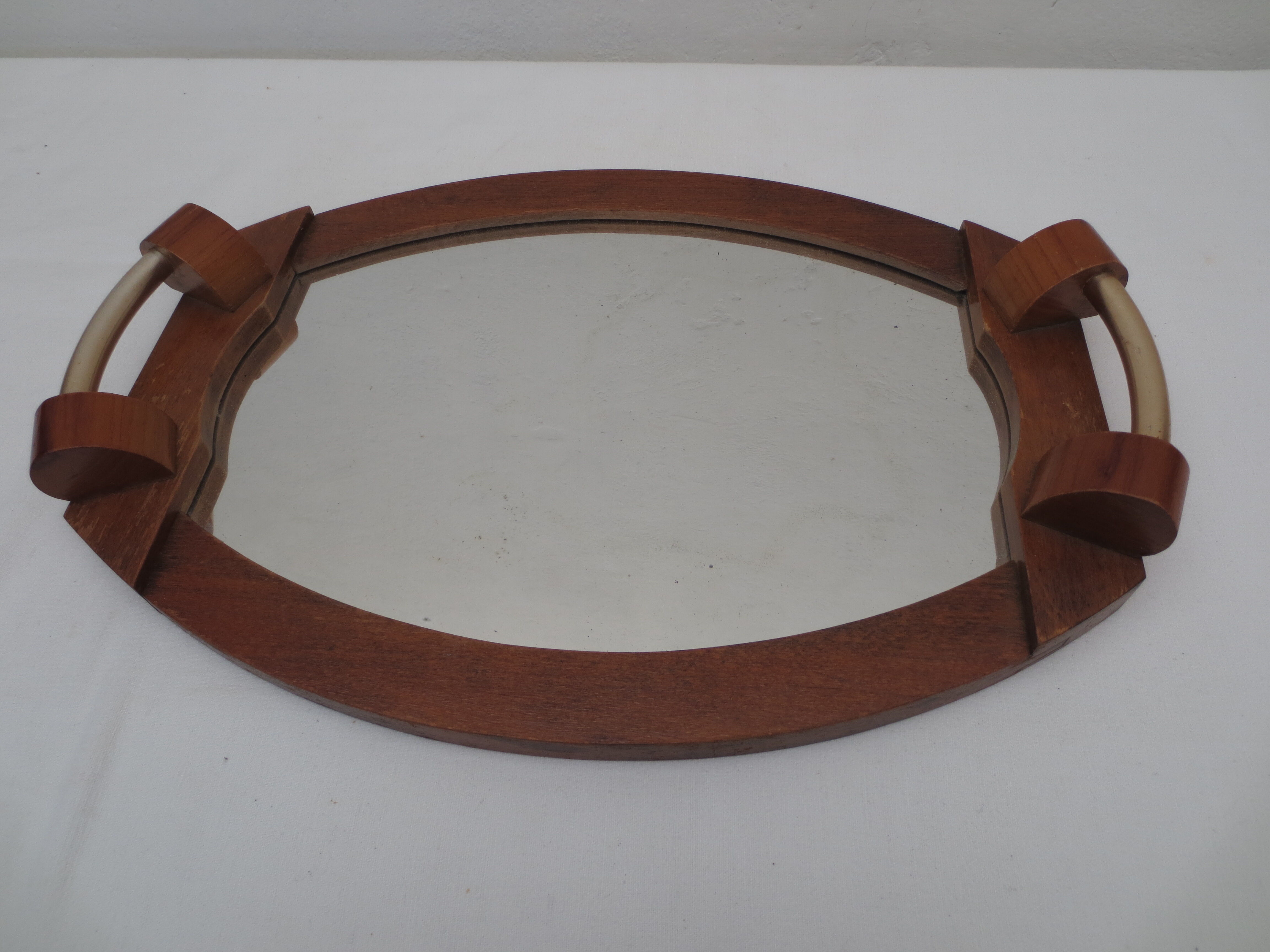 Plateau  à hors d'oeuvre en cristal sur base plateau miroir en bois des  année  40