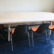 Large farmhouse trestle table in limed oak, 1940s-50s