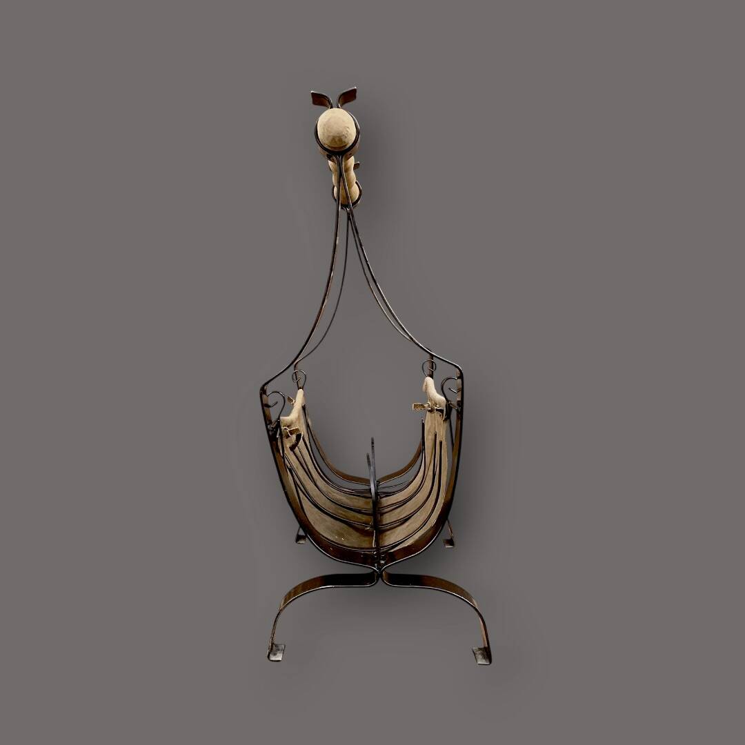 Antique wrought iron, wood and suede magazine rack - 4.1 kg - 1950s