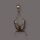 Antique wrought iron, wood and suede magazine rack - 4.1 kg - 1950s