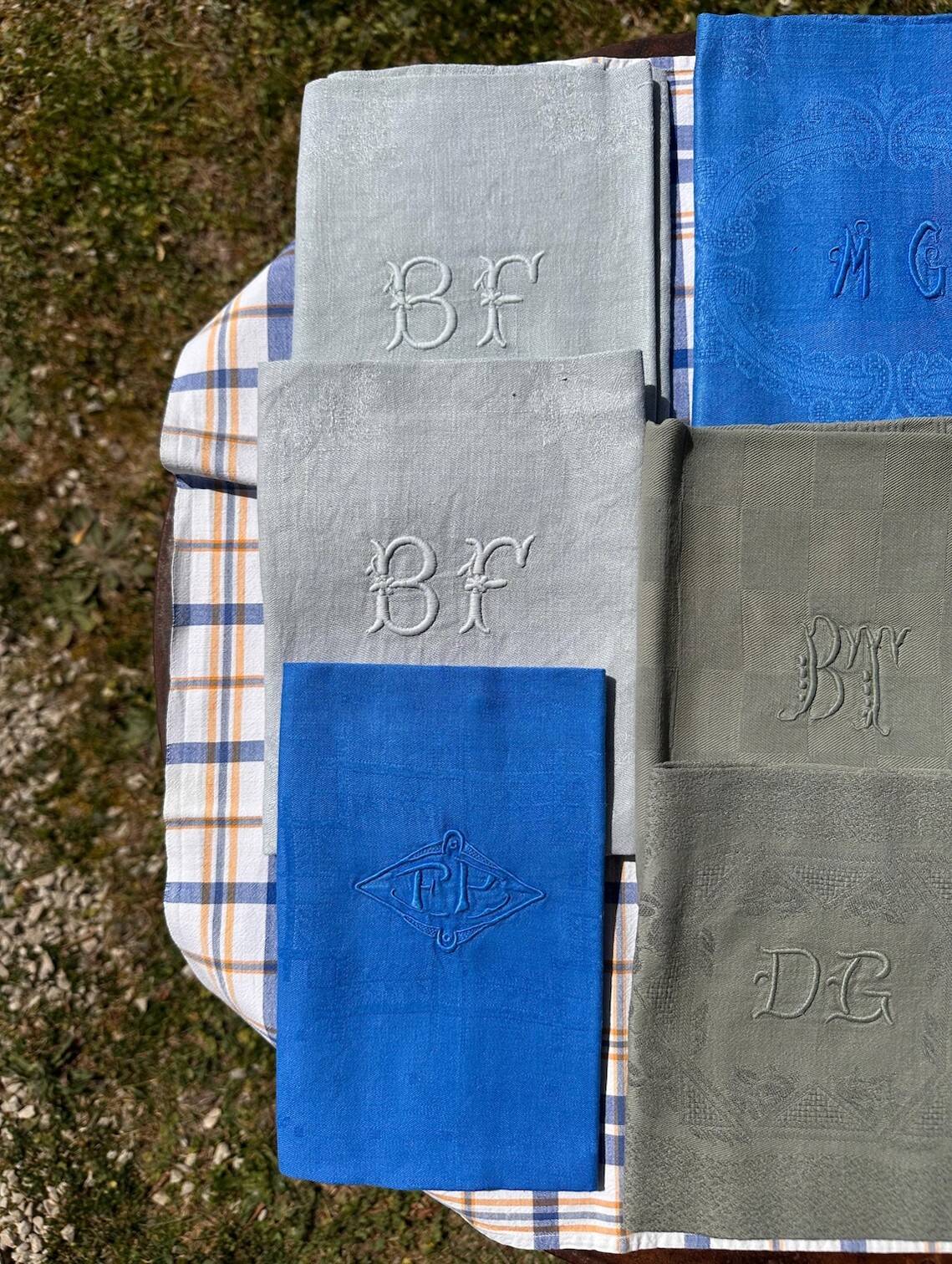 Old Mismatched Dyed Napkins - set of 8 - Embroidered Monograms