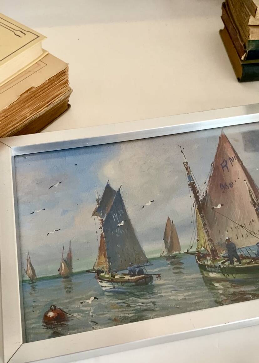 “Port Breton” oil, 1940s, under glass