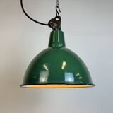 Industrial green enamel factory lamp with cast iron top, 1960s