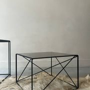 Isosceles coffee table in wire metal and black smoked glass, Max Sauze design 1970