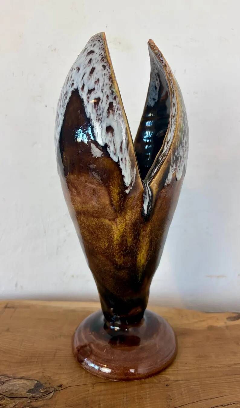 Vintage Mid-Century Modern Studio Pottery Tulip Lotus Bud Pedestal Vase - Earthen Brown & White Glaze