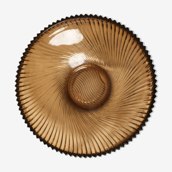 Round brown cut glass dish