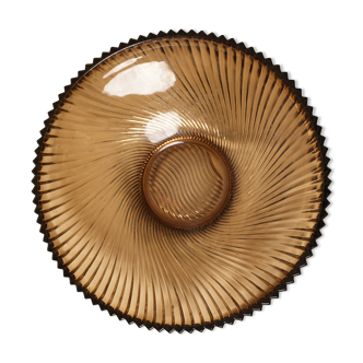 Round brown cut glass dish