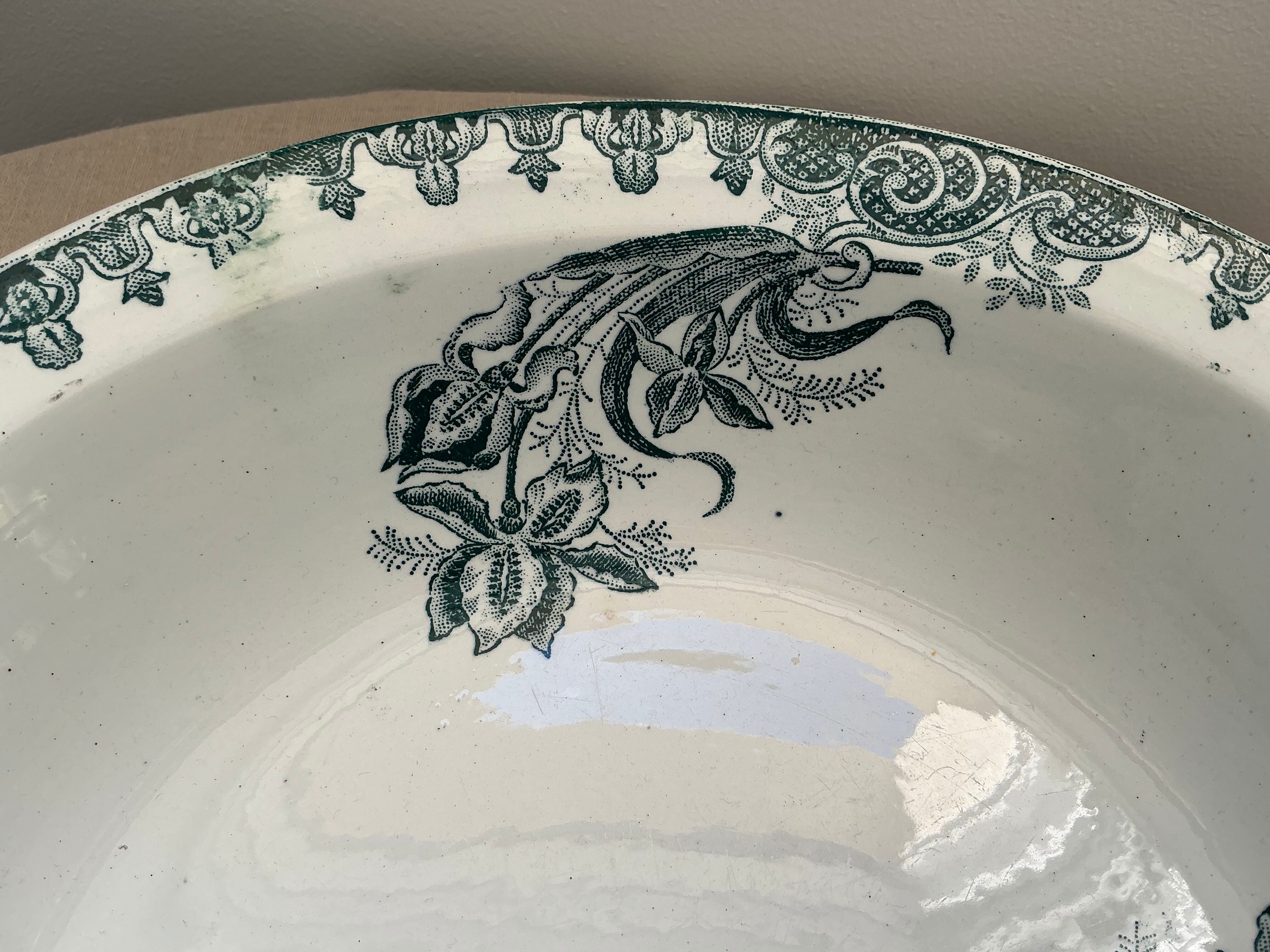 Old hollow dish, Ironstone, green floral decoration, 28 cm.