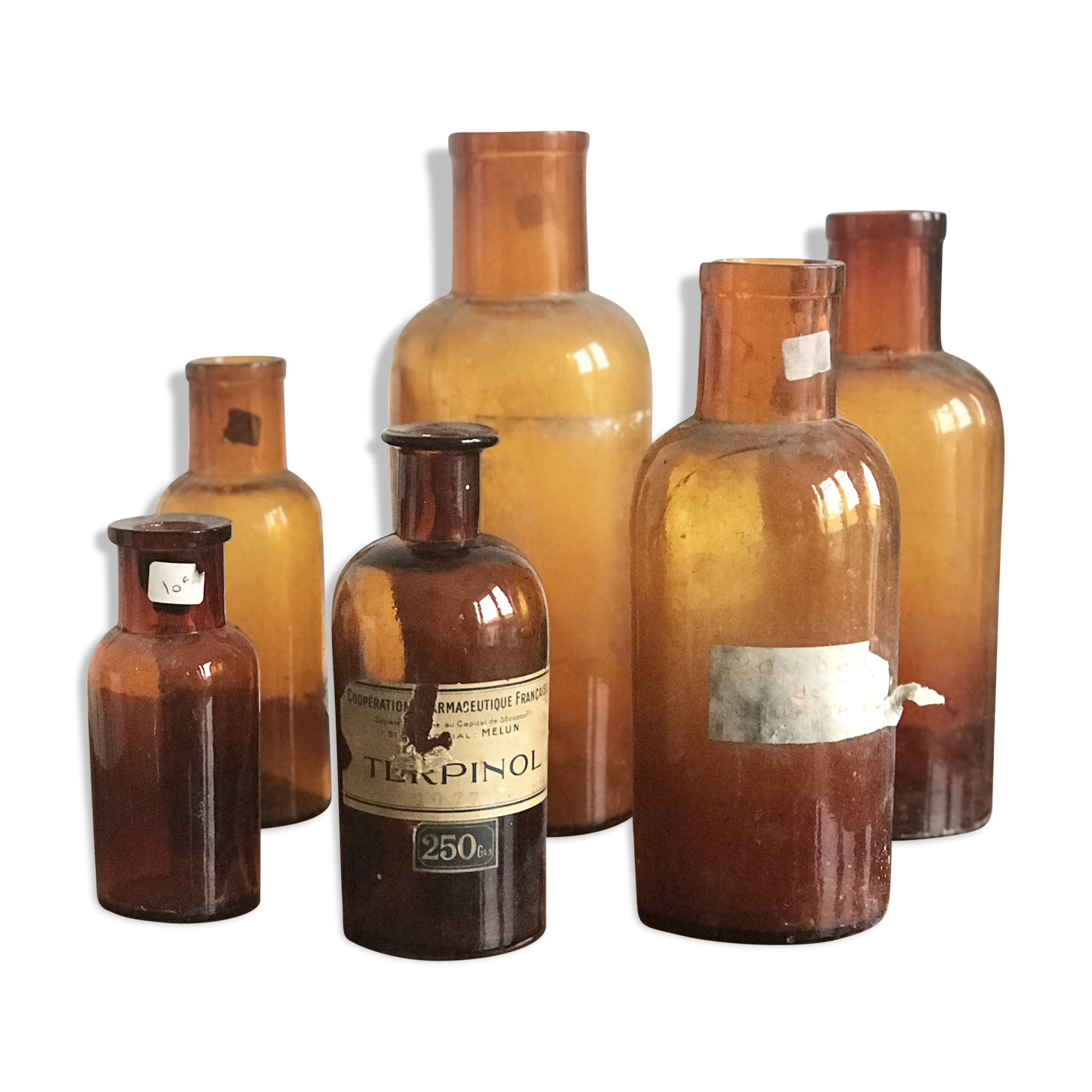 Set of 6 amber glass pharmacy jars
