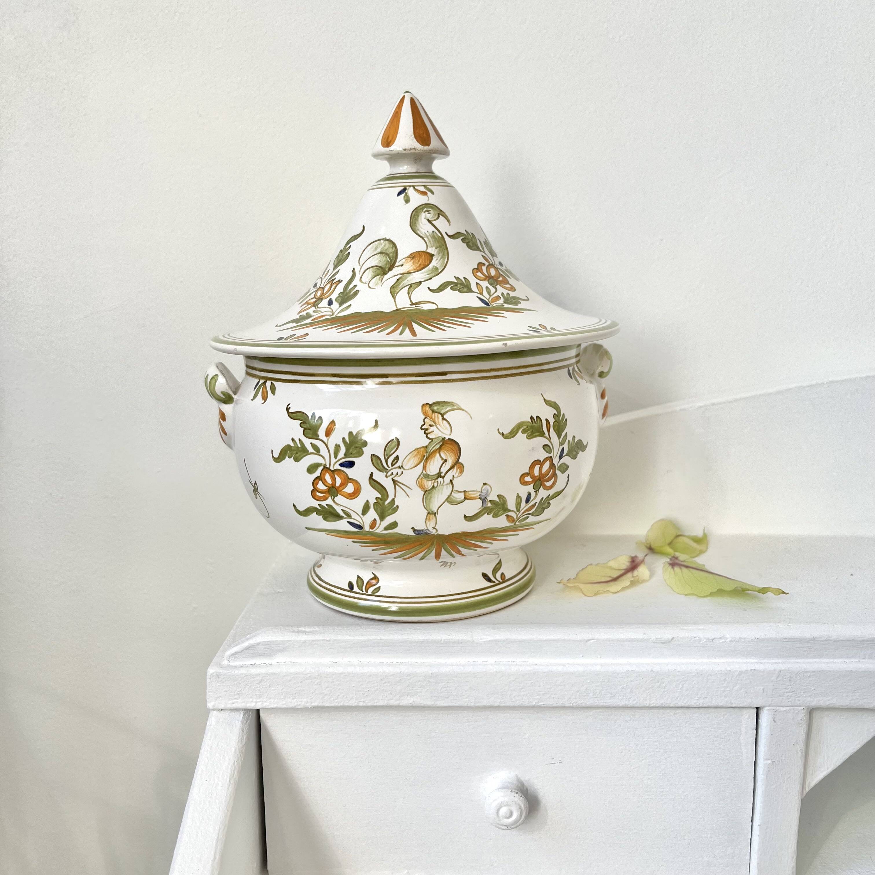 Covered candy jar signed M Malicorne, Moustiers decor