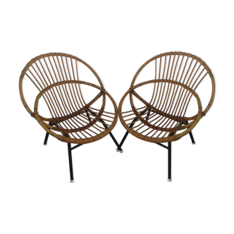 Duo de fauteuils corbeille en rotin