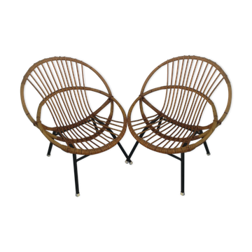 Duo de fauteuils corbeille en rotin