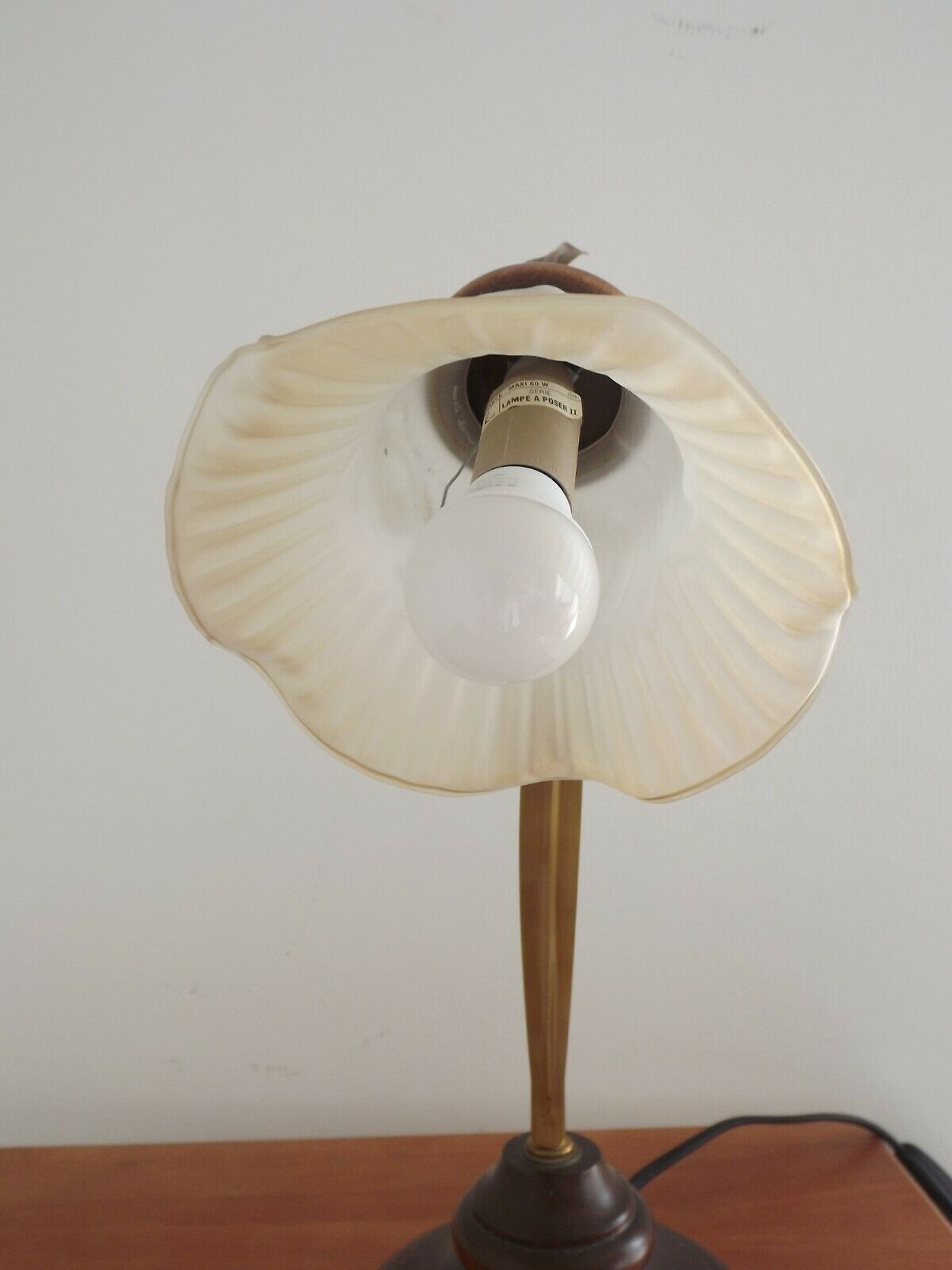 French vintage gold coloured metal & wood table lamp decorative glass shade
