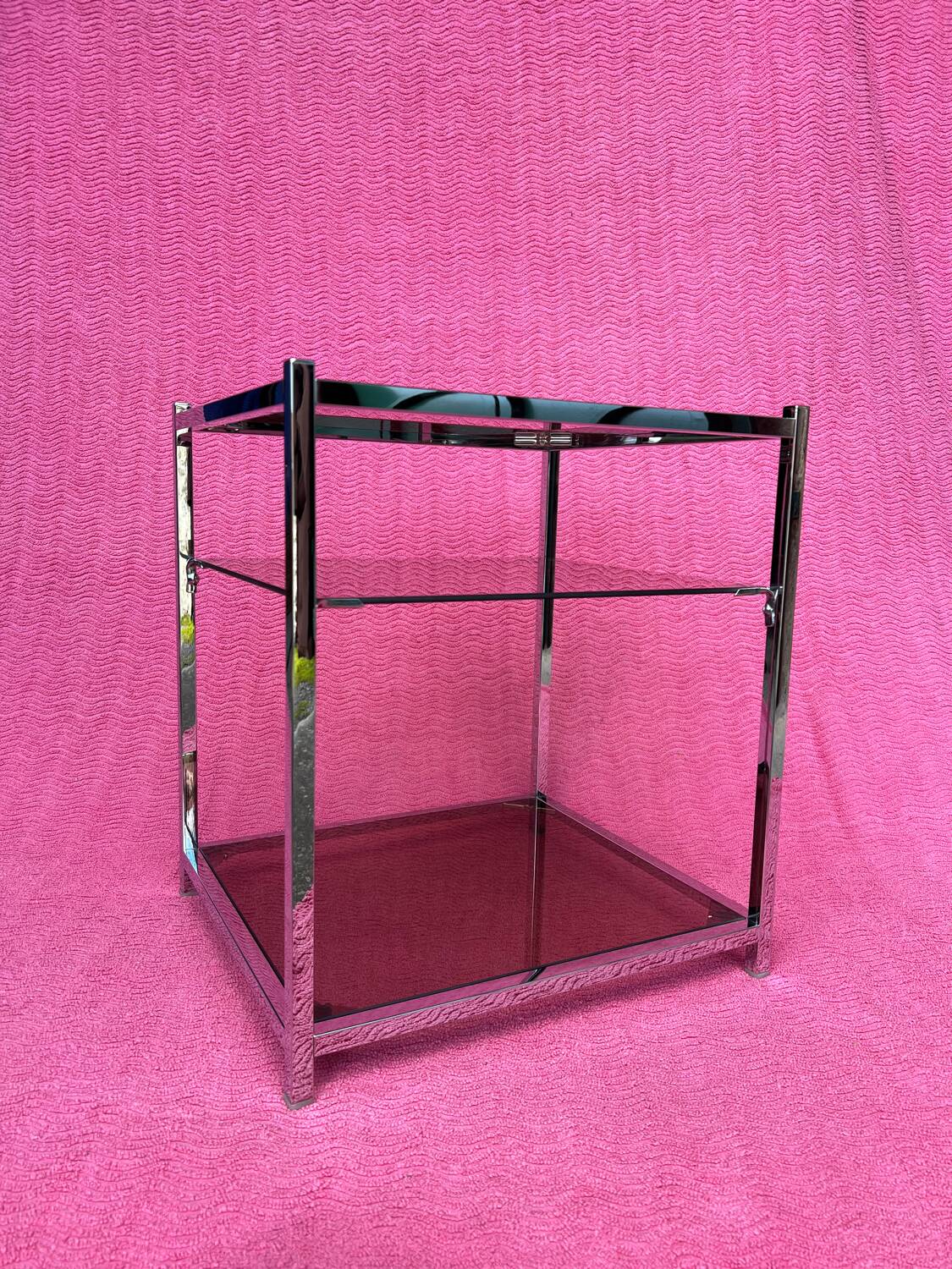 VINTAGE 1970 RECTANGULAR COFFEE TABLE WITH SQUARE CHROME TUBES AND 3 SHELVES
