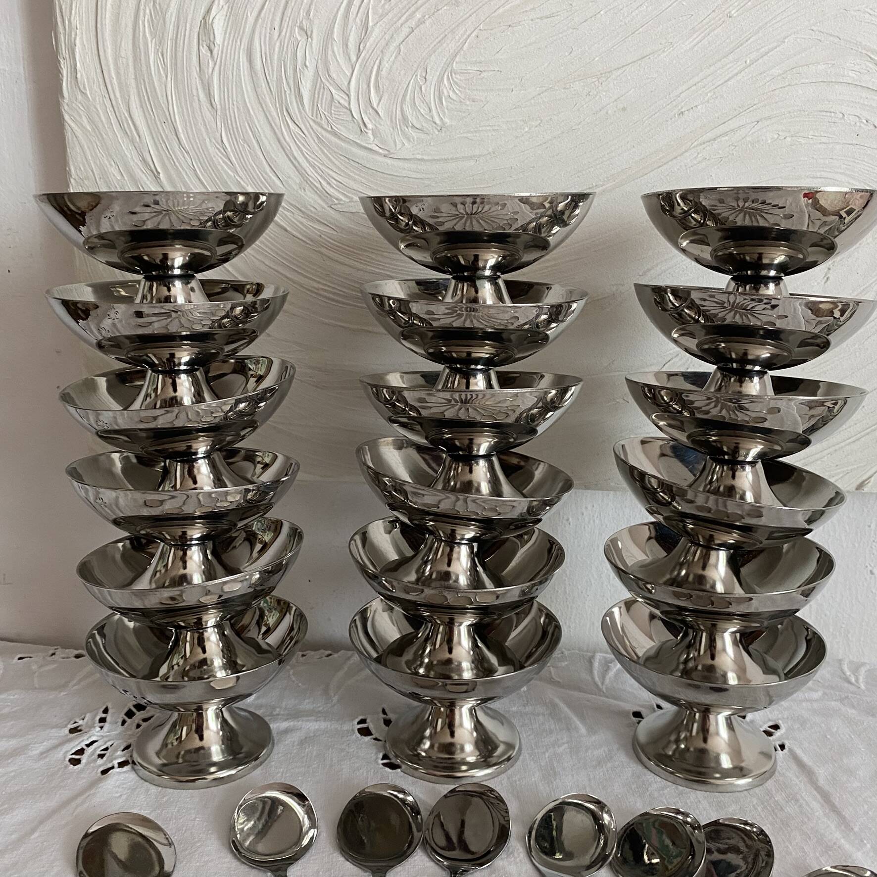 Stainless steel ice cream cups and spoons, 1960s-70s, original boxes.