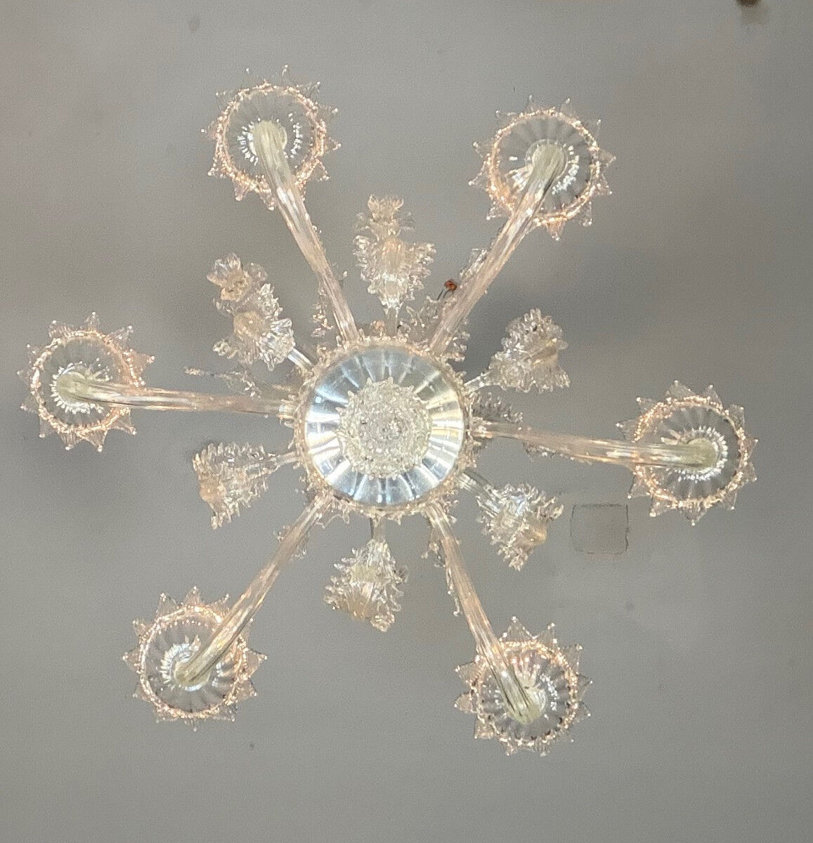 Venetian chandelier in Murano glass, 6 light arms, new electrification, circa 1930.