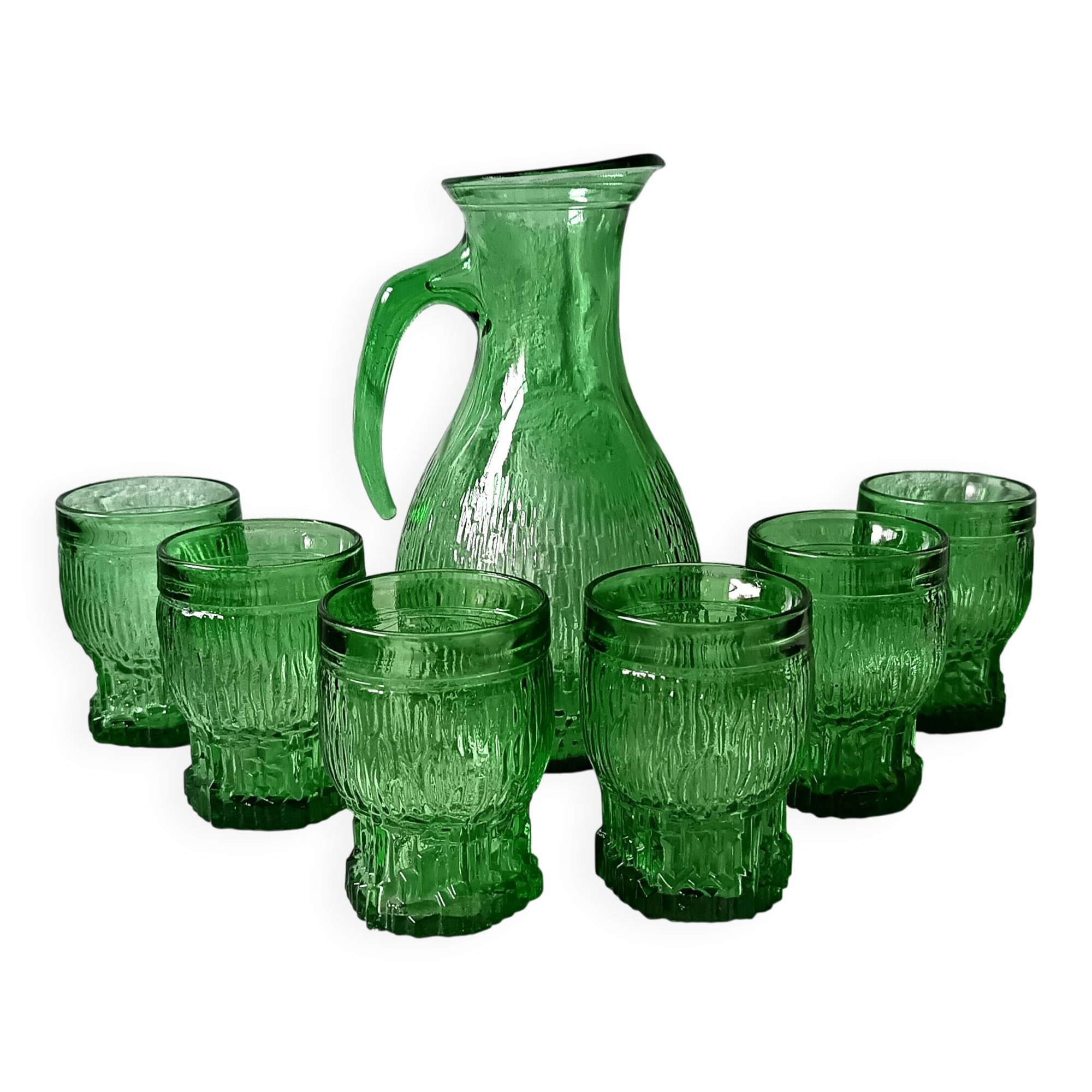 Vintage Bormioli green lemonade service from the 1970s, jug and glasses from Italy.