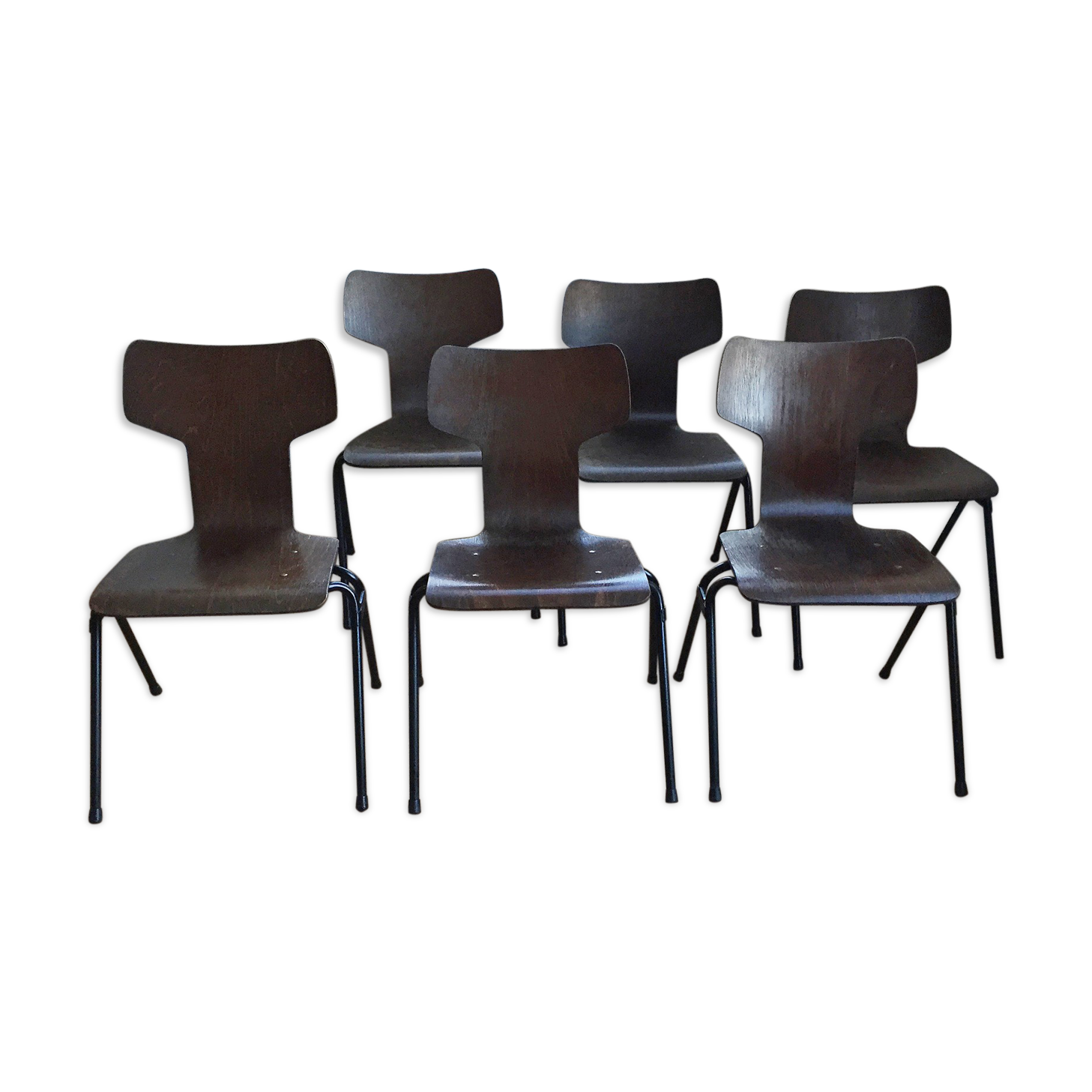 Set de 6 chaises "Marteau" acajou thermomoulé