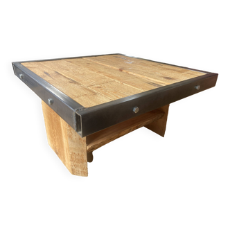 table basse artisanale vieux bois et métal