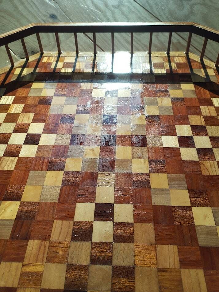 Large octagonal wooden marquetry platter