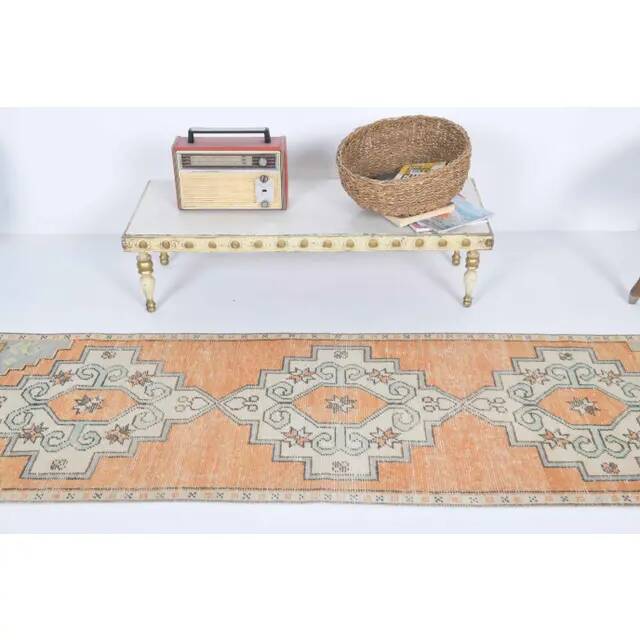 Vintage Turkish Hand-Knotted Wool Cotton Orange Runner Rug 69x271