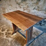 Vintage 1930s French bistro table – beech base, walnut top and nickel-plated stand