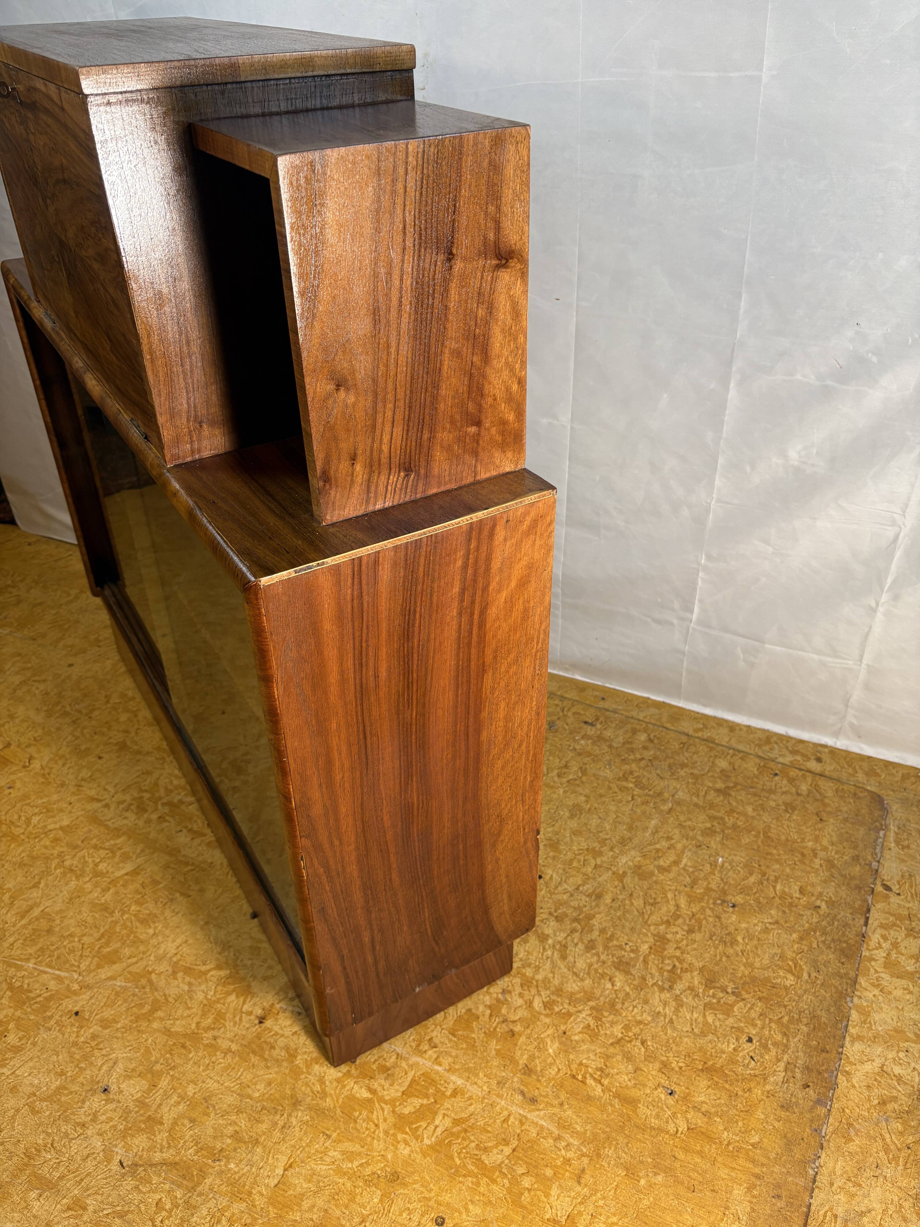 Art Deco Vintage 1930s Burr Walnut Bureau Display Cabinet Fall Front