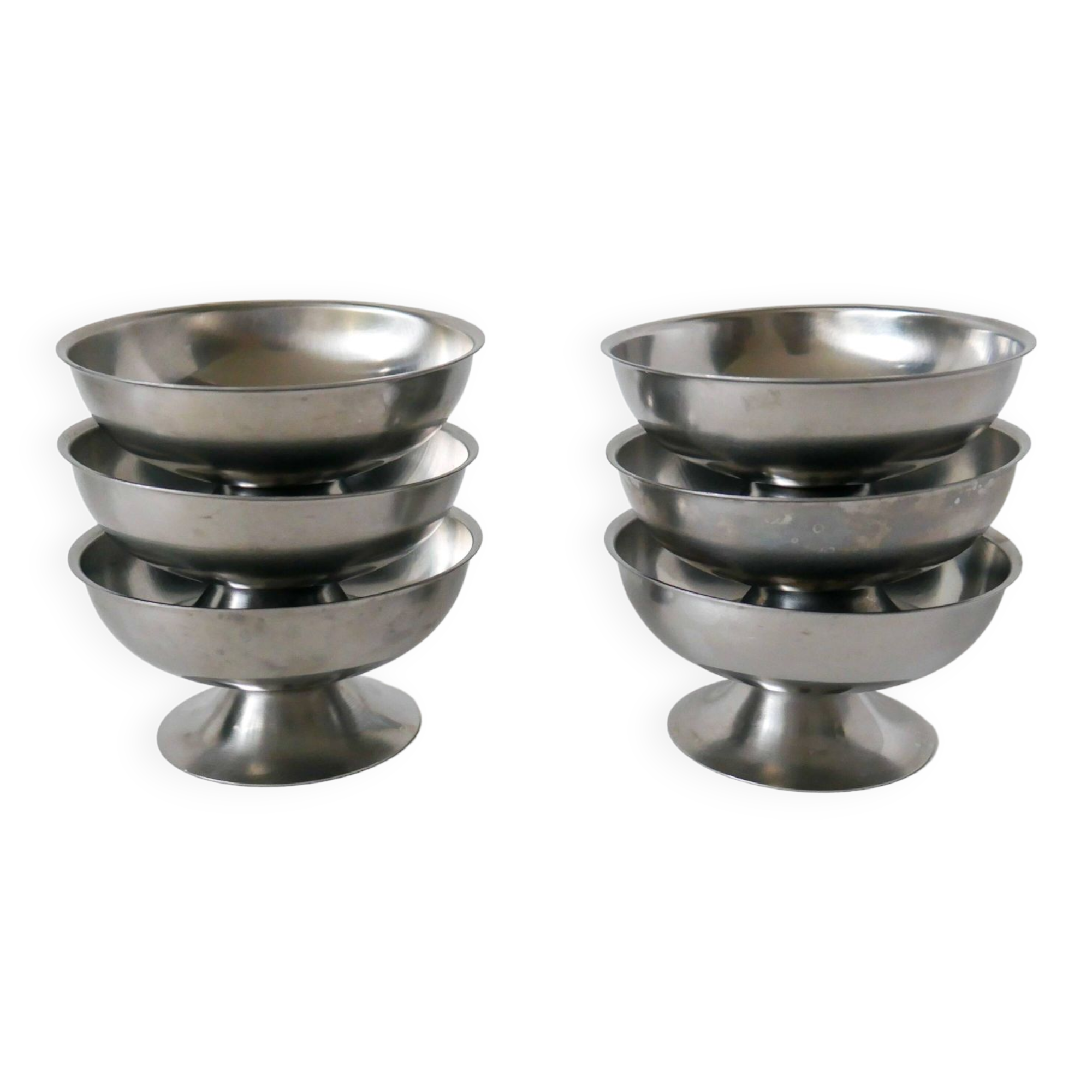 set of 6 large wide foot bowls in stainless steel 1970