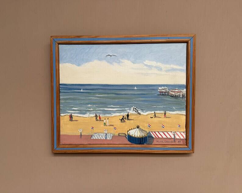 Original Swedish Oil on Canvas – "Day at the Beach" by Mona Starfelt – Signed – Dated 1989 – Framed