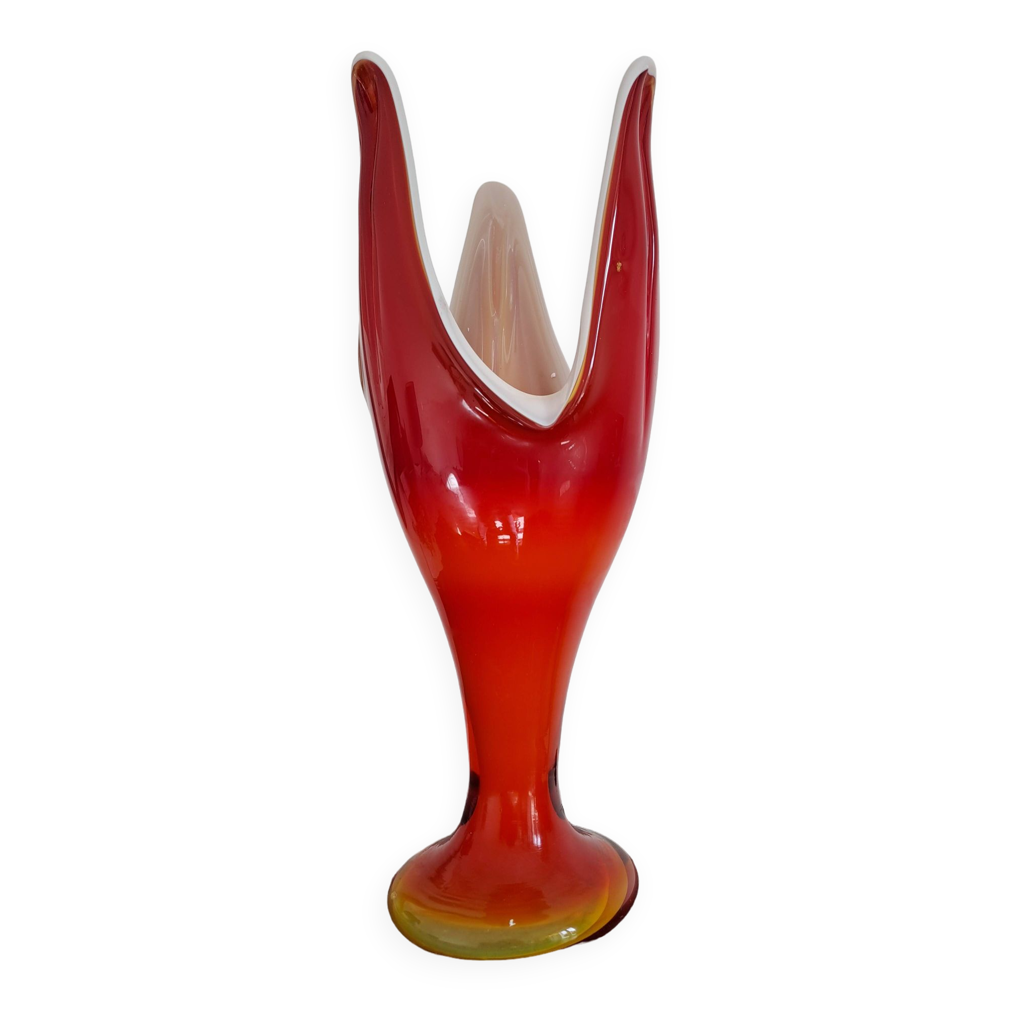 1970s tulip-shaped designer vase, red-orange blown glass, Dragan Drobnjak