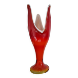 Designer vase in the shape of a tulip from the 70s, orange red blown glass, Dragan Drobnjak